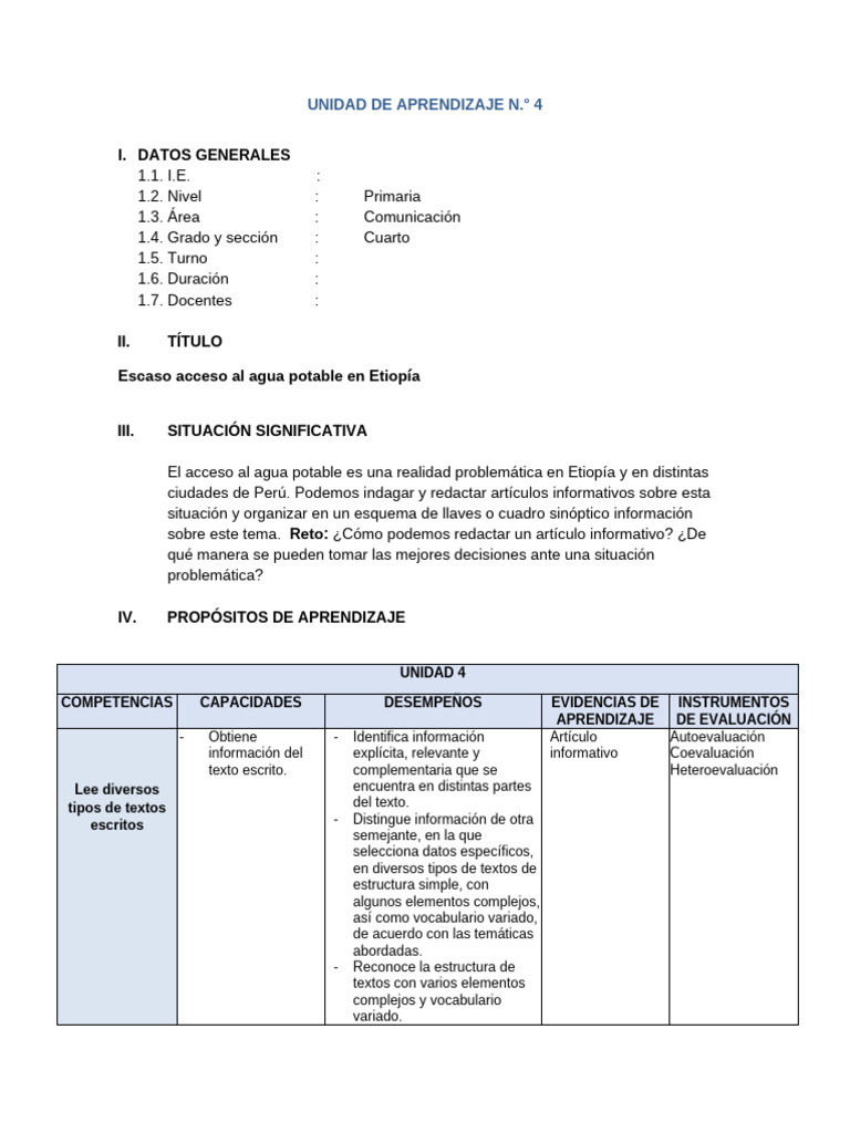 Unidad de Aprendizaje 4 - Cuarto Grado | PDF