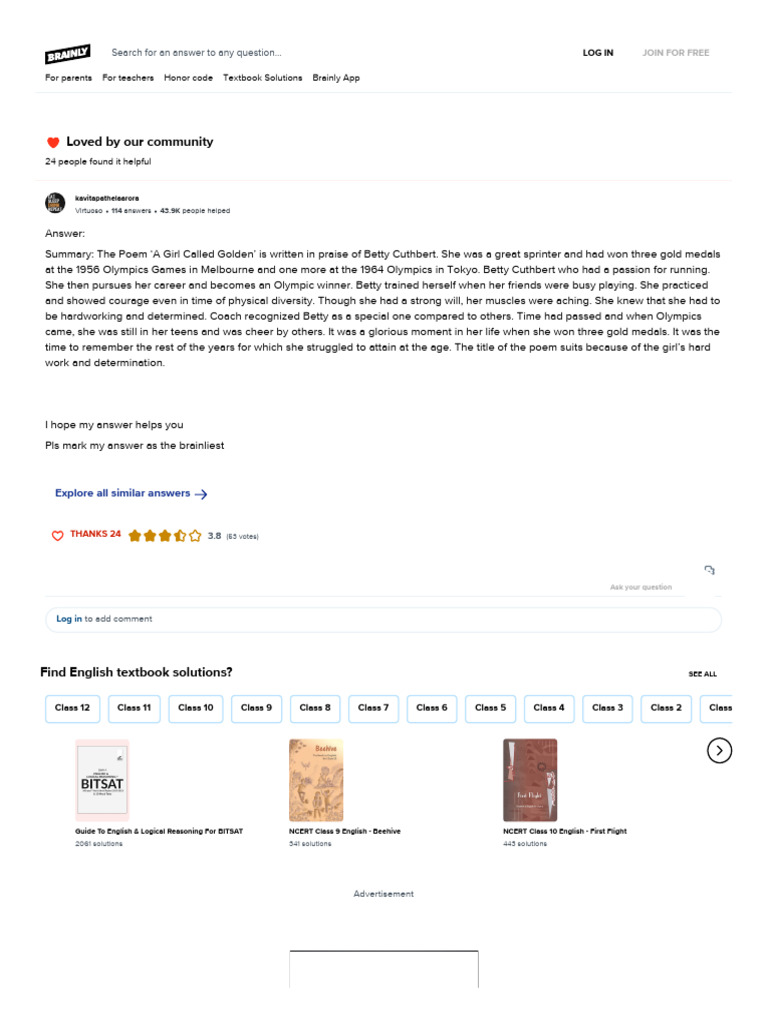 9th STD English Pome A Girl Called Golden Summry - Brainly - in | PDF