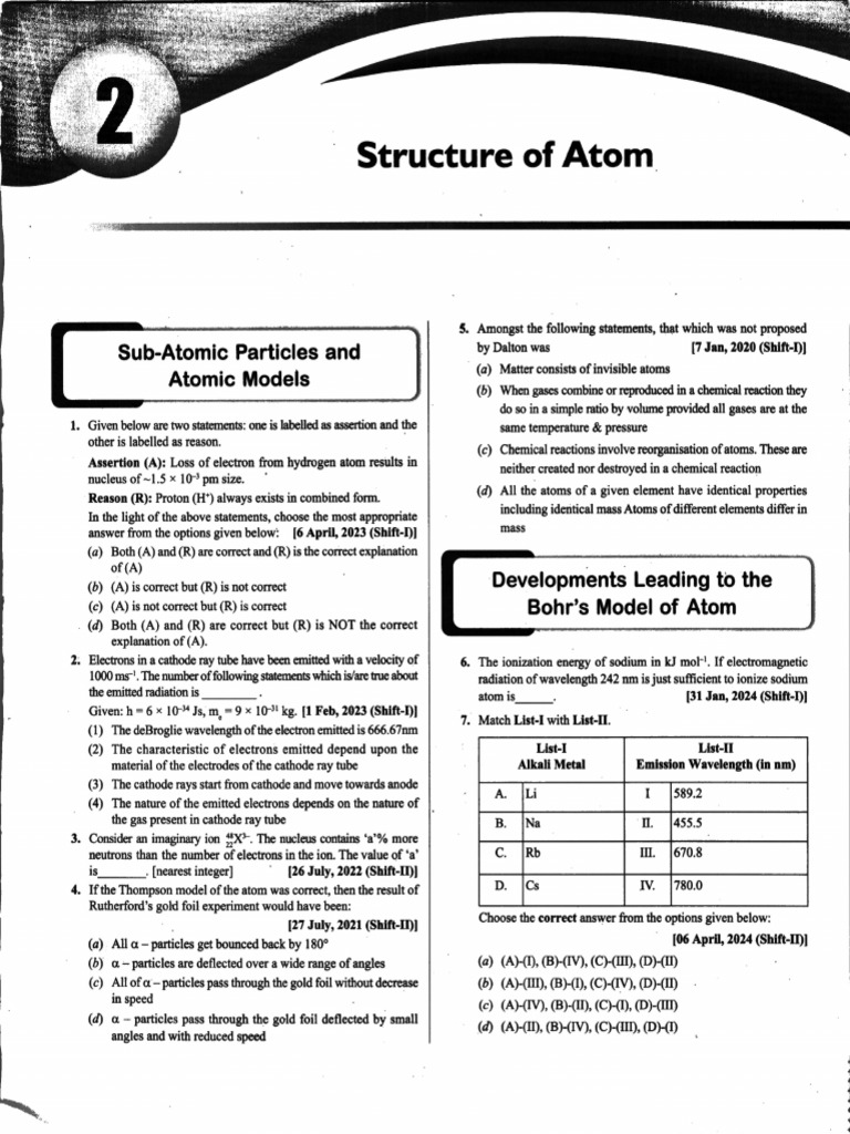 CH - 2 - XI - Practice Sheet - Structure of Atom - Chemistry - Class 11 ...