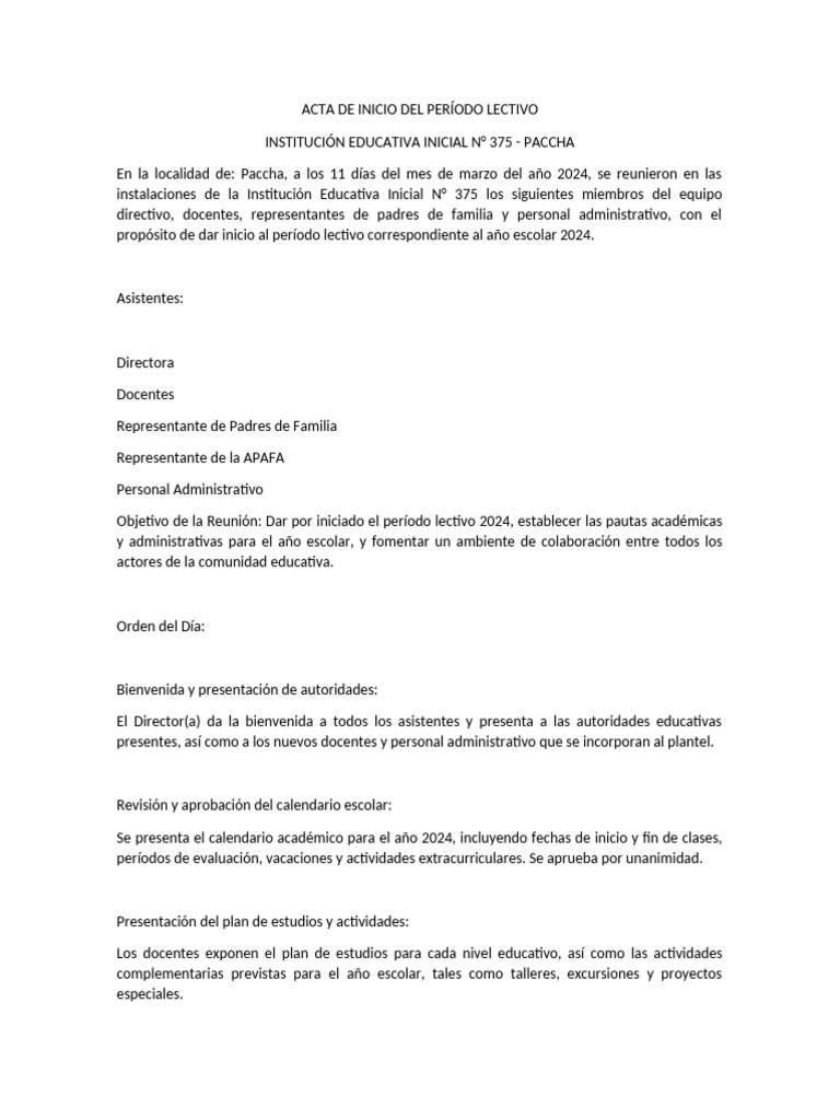 Acta de Inicio del Año Escolar 2024 | PDF | Evaluación | Plan de estudios