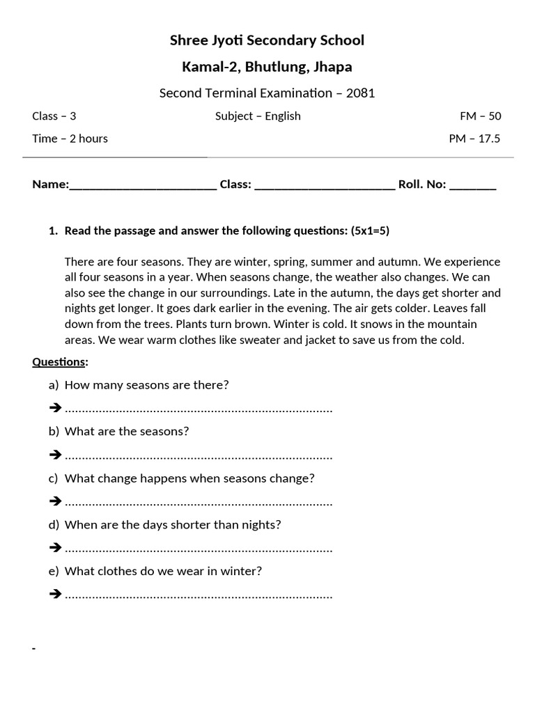 Class 3 - English | PDF