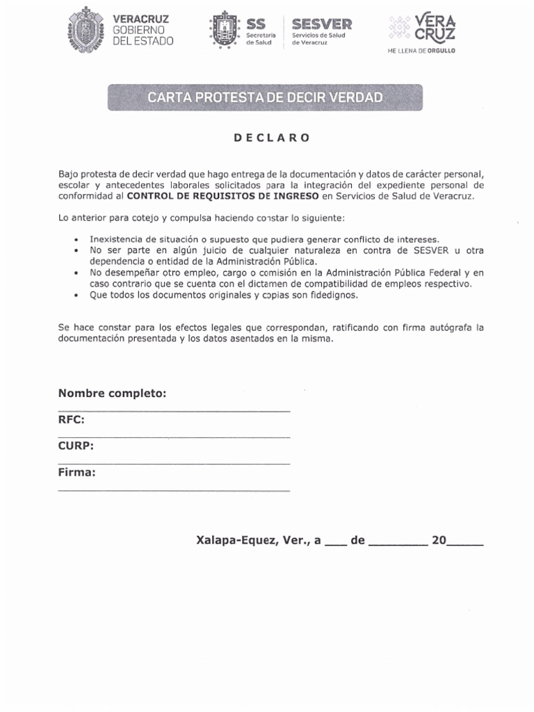 Carta Protesta de Decir Verdad | PDF