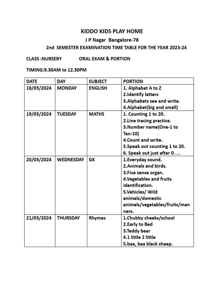 Nursery School Time Table Pdf