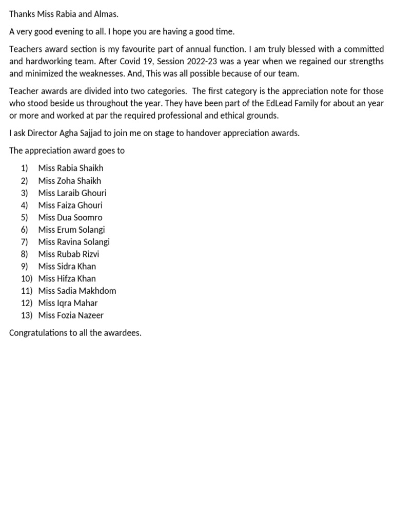 Scripts For Teacher Awards | PDF