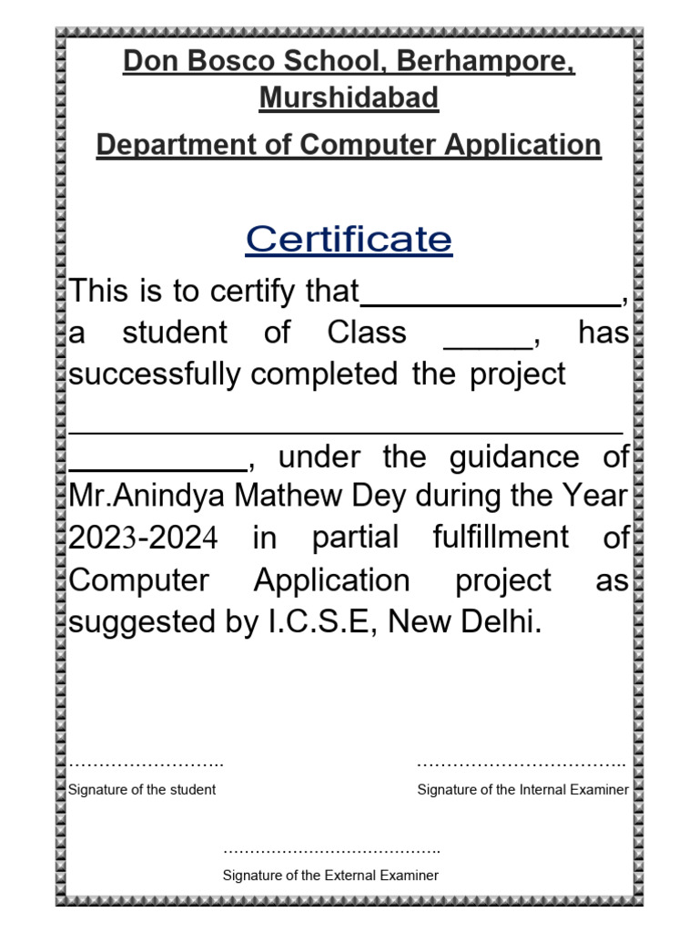 Don Bosco School Computer Project Certificate | PDF