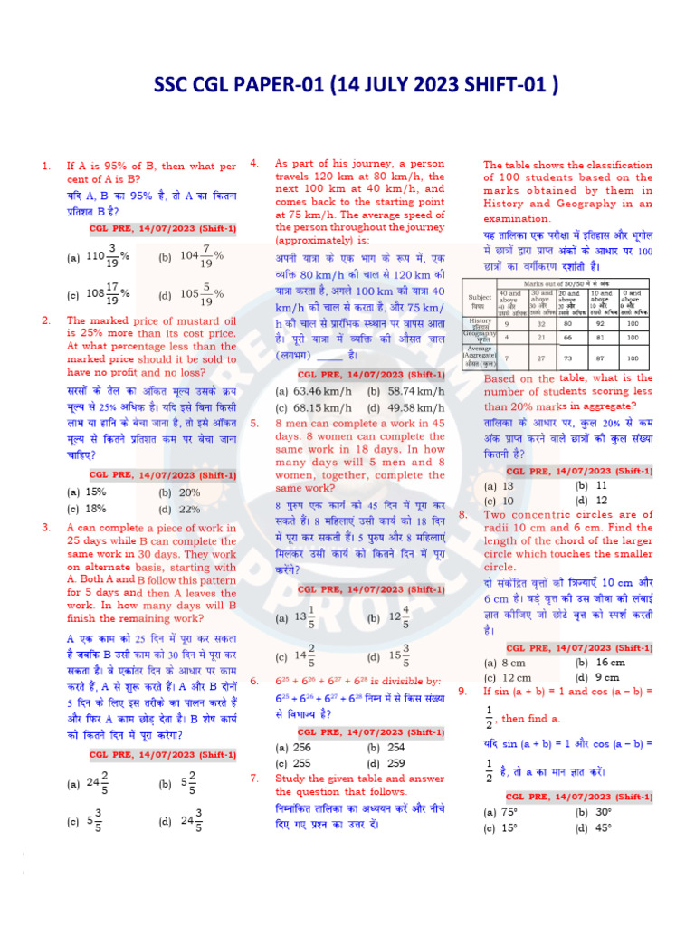 SSC CGL 2023 All 39 Shift Paper-01 To Paper-13 Question PDF | PDF