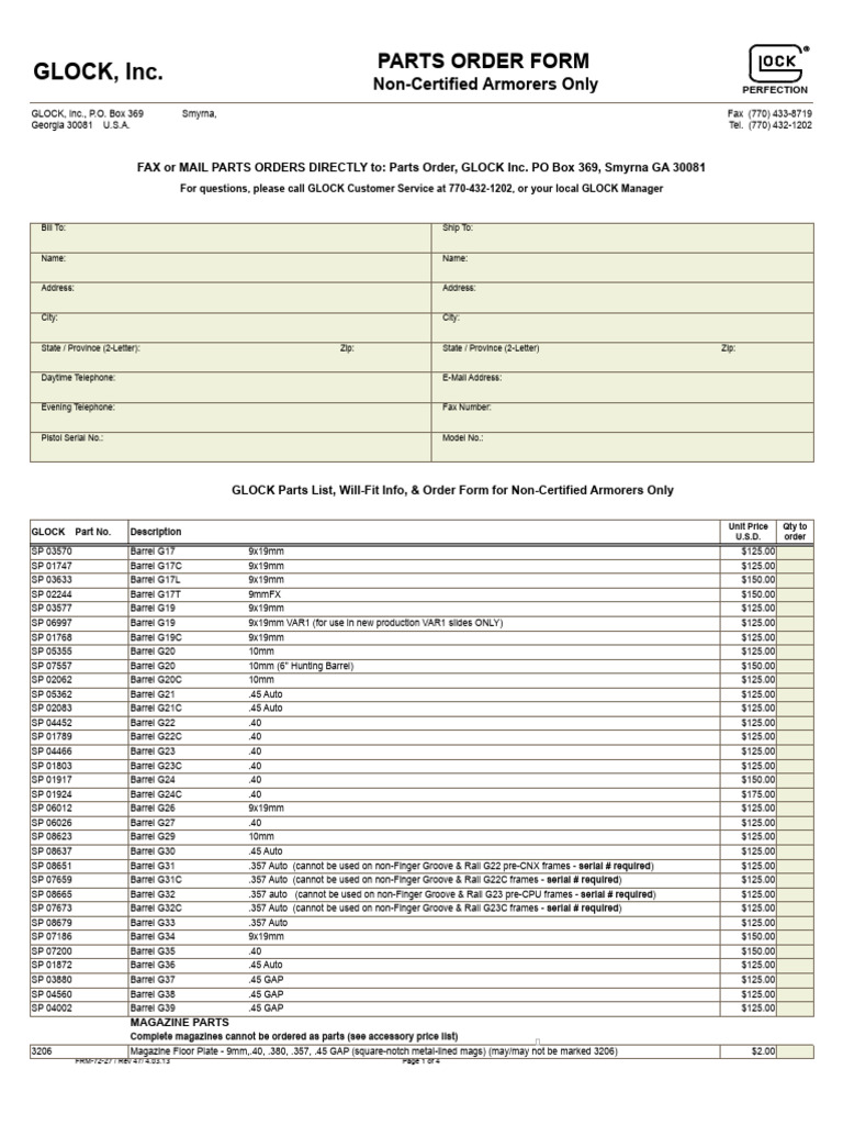 Glock Parts Order Form for Non-Armorers | PDF | Ballistics | Projectile ...