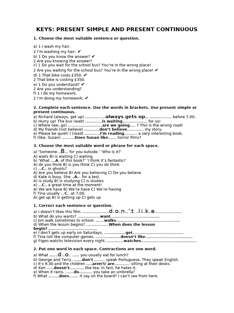 Present Simple vs Continuous Exercises | PDF