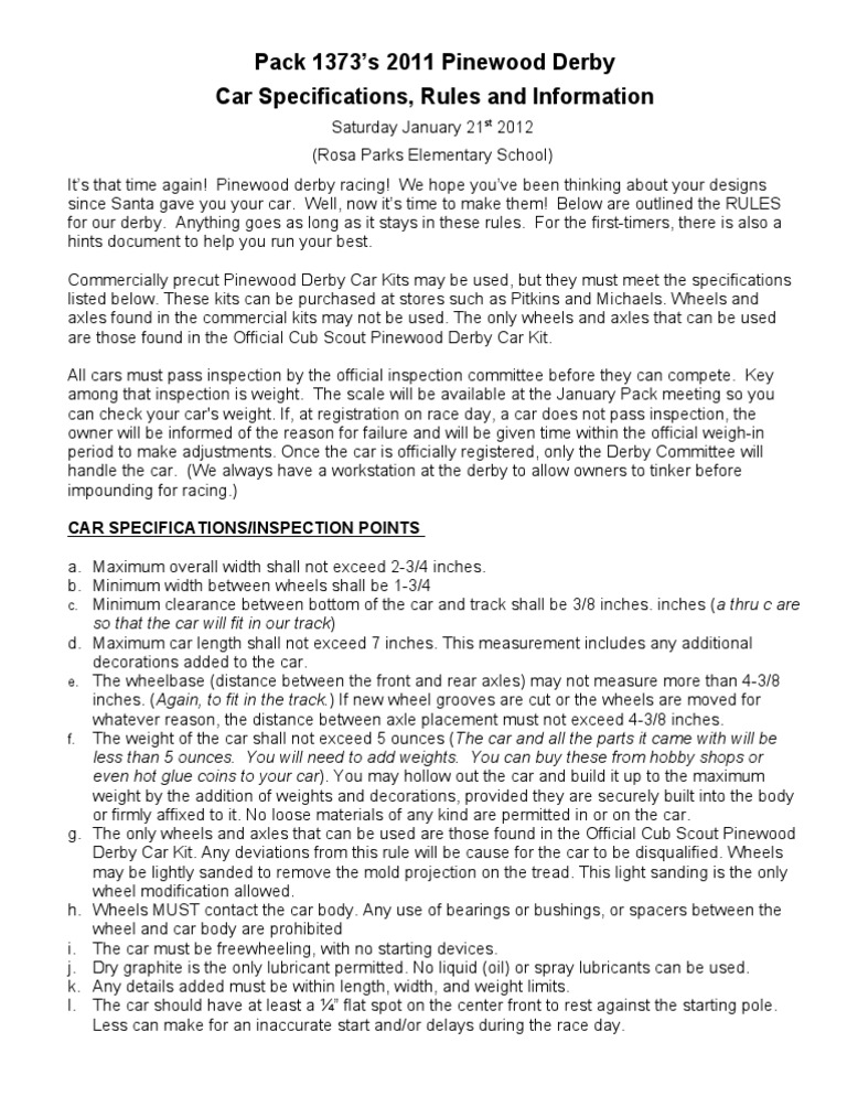 Pinewood Derby Rules2012 PDF Automobiles Transport