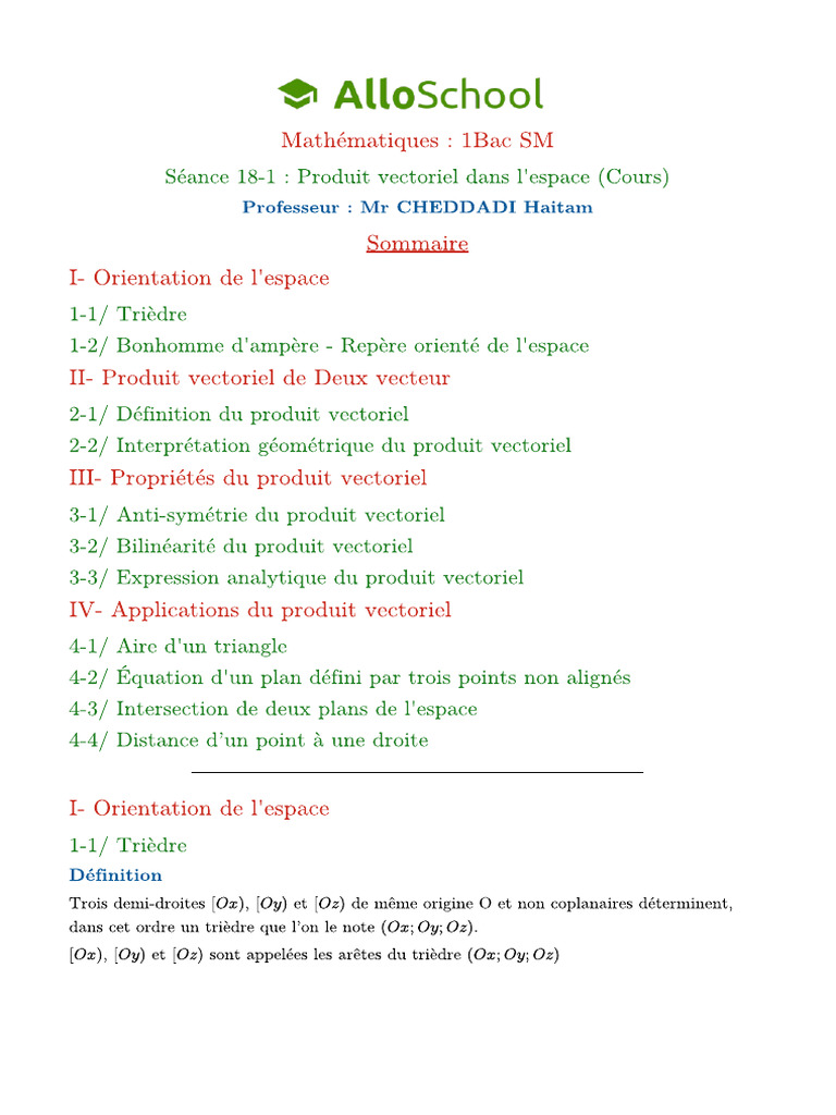 Seance 18 1 Produit Vectoriel Dans L Espace Cours 3 | PDF