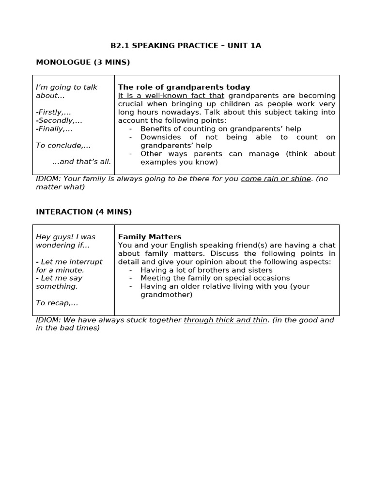 b2.1 - Unit 1a - Speaking Practice | PDF