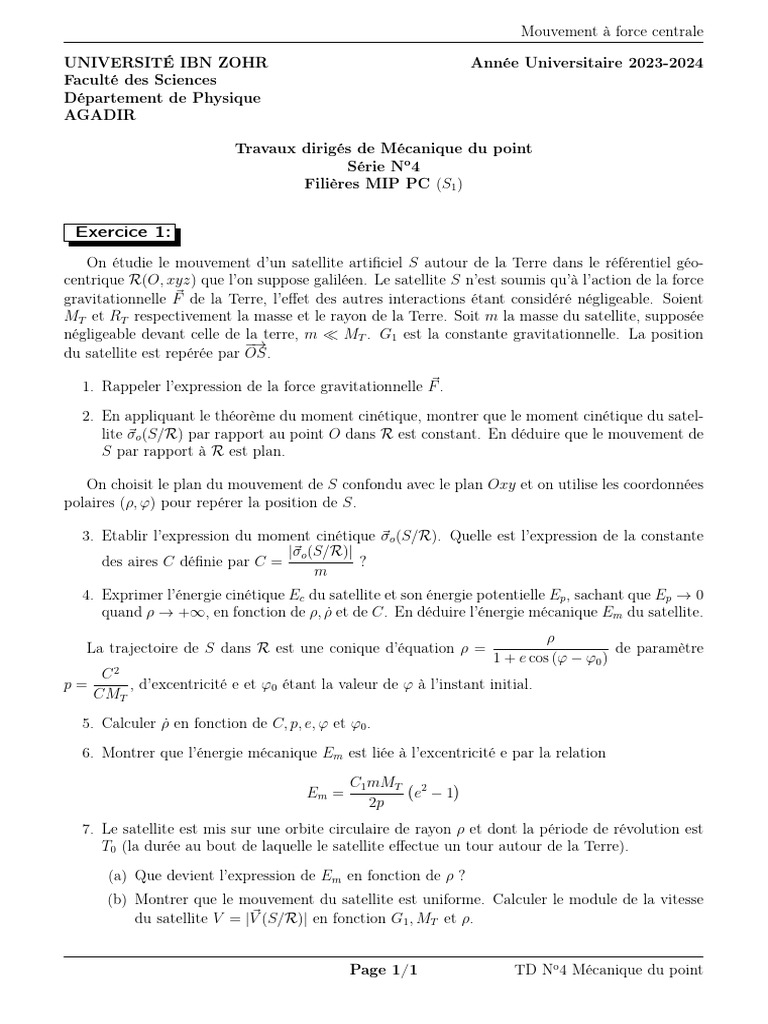 Mécanique Du Point (Meca1) - TD - TD 4 | PDF