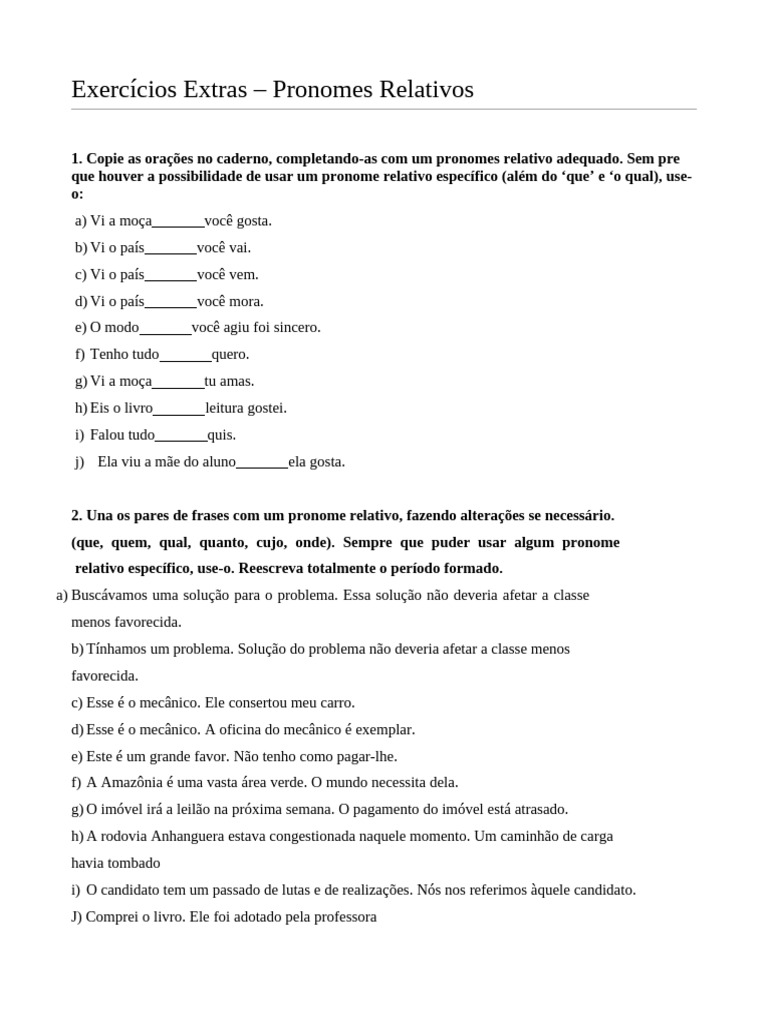 Exercicios Pronome Relativo | PDF