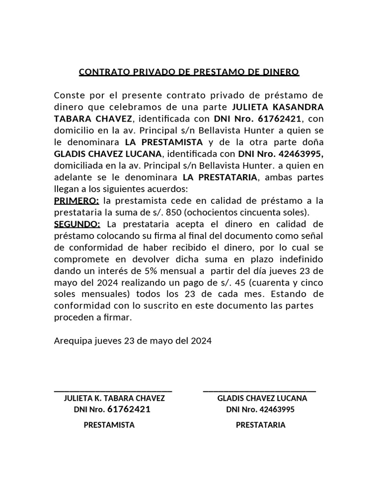 Contrato Privado de Prestamo de Dinero | PDF