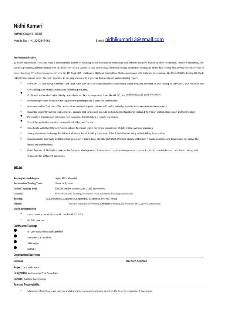 Nidhi Kumari - Test Lead Consultant | PDF