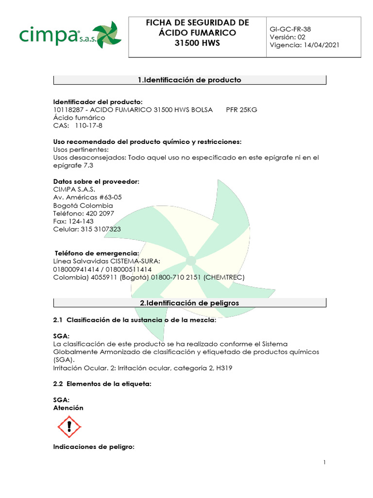 HS Acido Fumárico 31500 | PDF