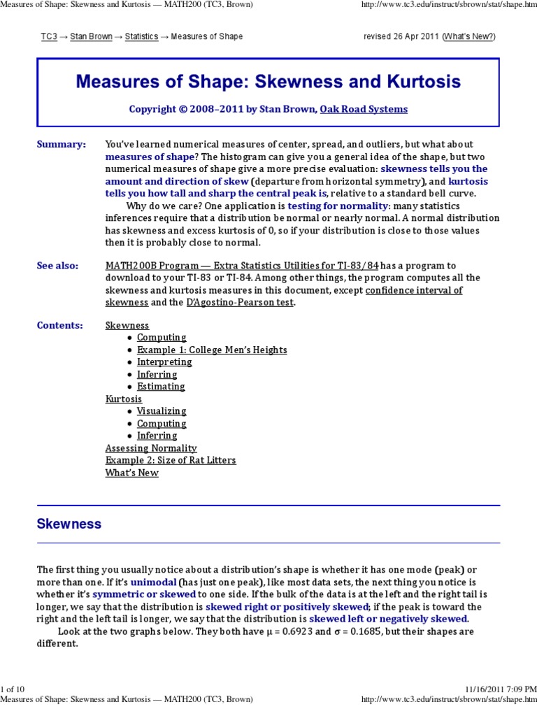 Measures of Shape - Skewness and Kurtosis - MATH200 (TC3, Brown ...