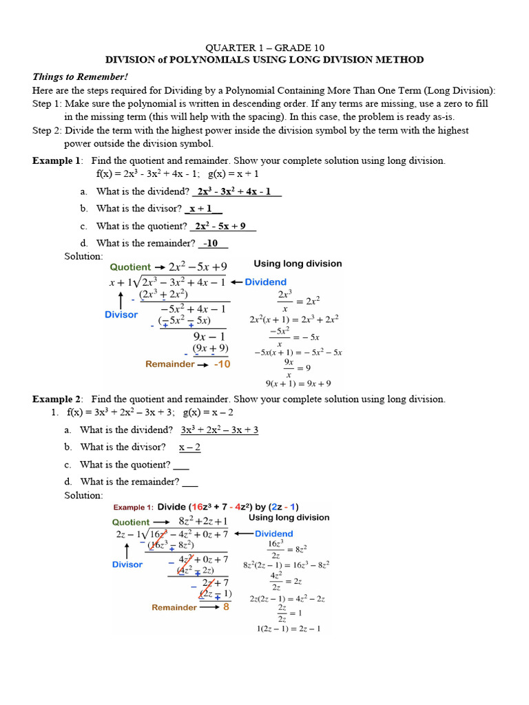 Hba Q1 Division of Poly Using Long Synthetic Division | PDF
