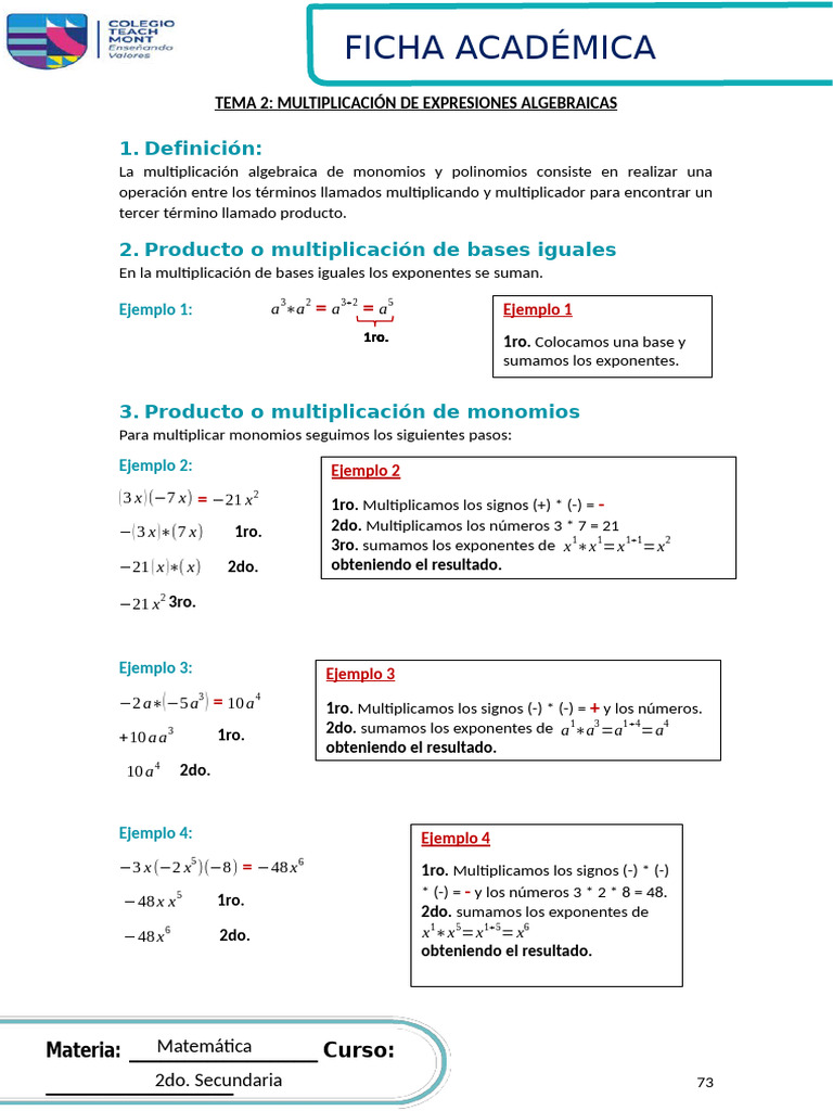 Tema 2 - MULTIPLICACIÓN DE EXPRESIONES ALGEBRAICAS | PDF