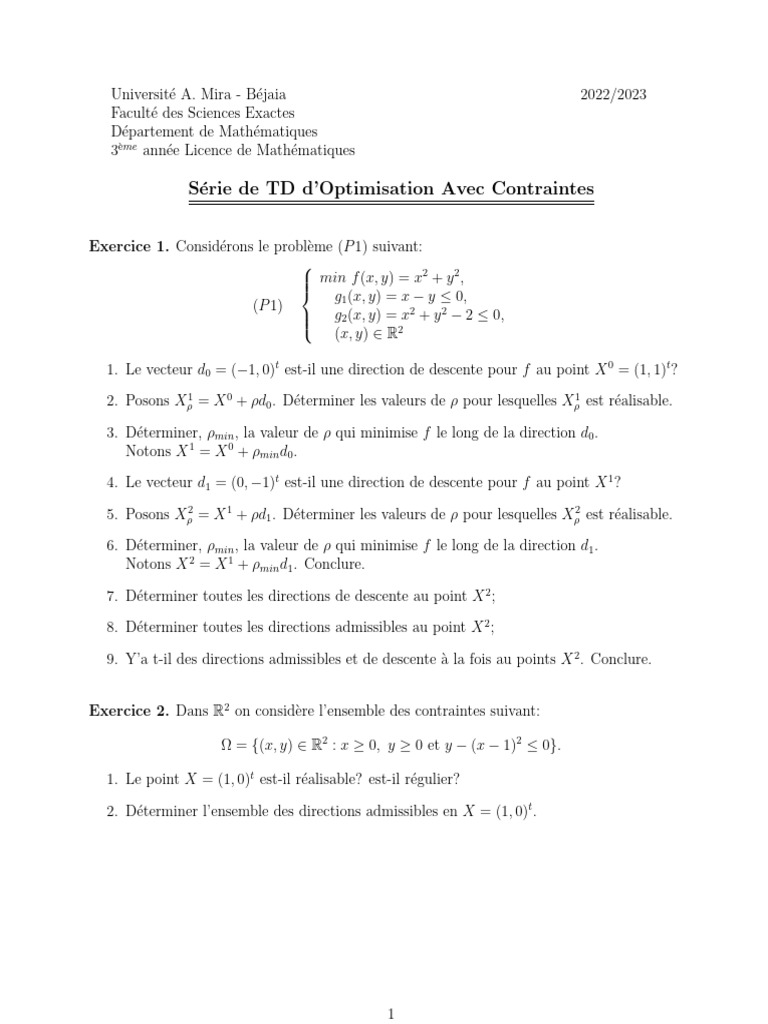 Exercices d'Optimisation avec Contraintes | PDF | Optimisation ...
