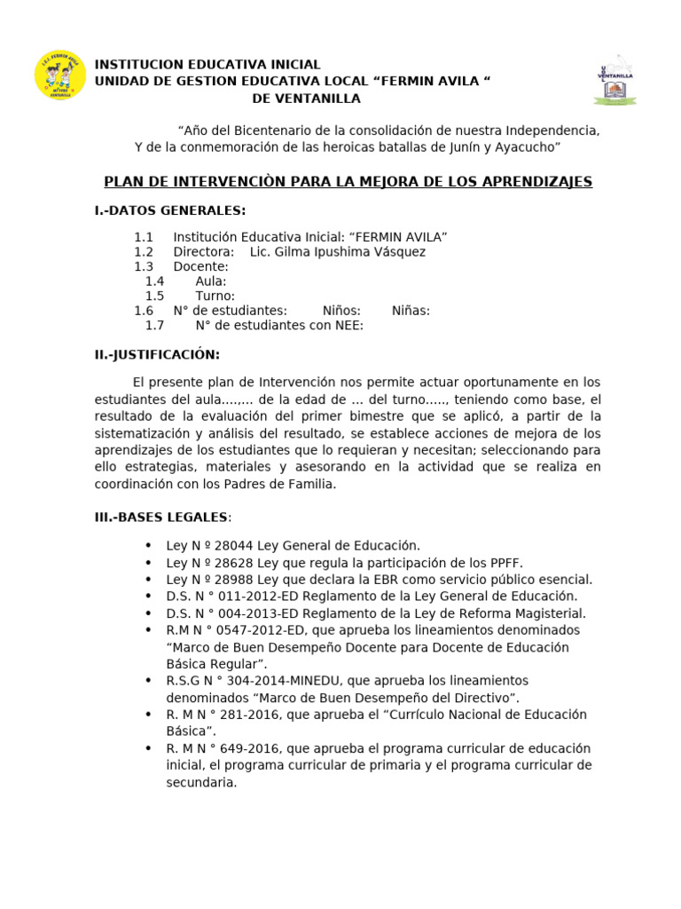 Plan de Mejora Educativa Inicial | PDF | Evaluación | Plan de estudios
