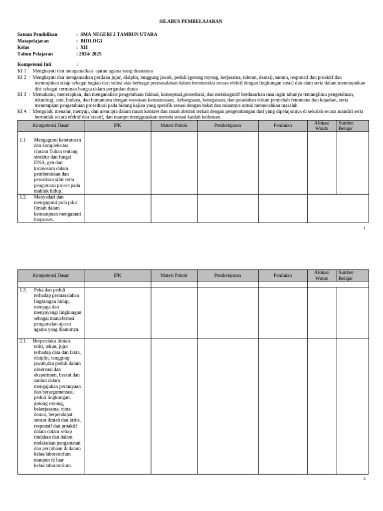 Silabus Biologi Kls 12 2024 2025 Pdf