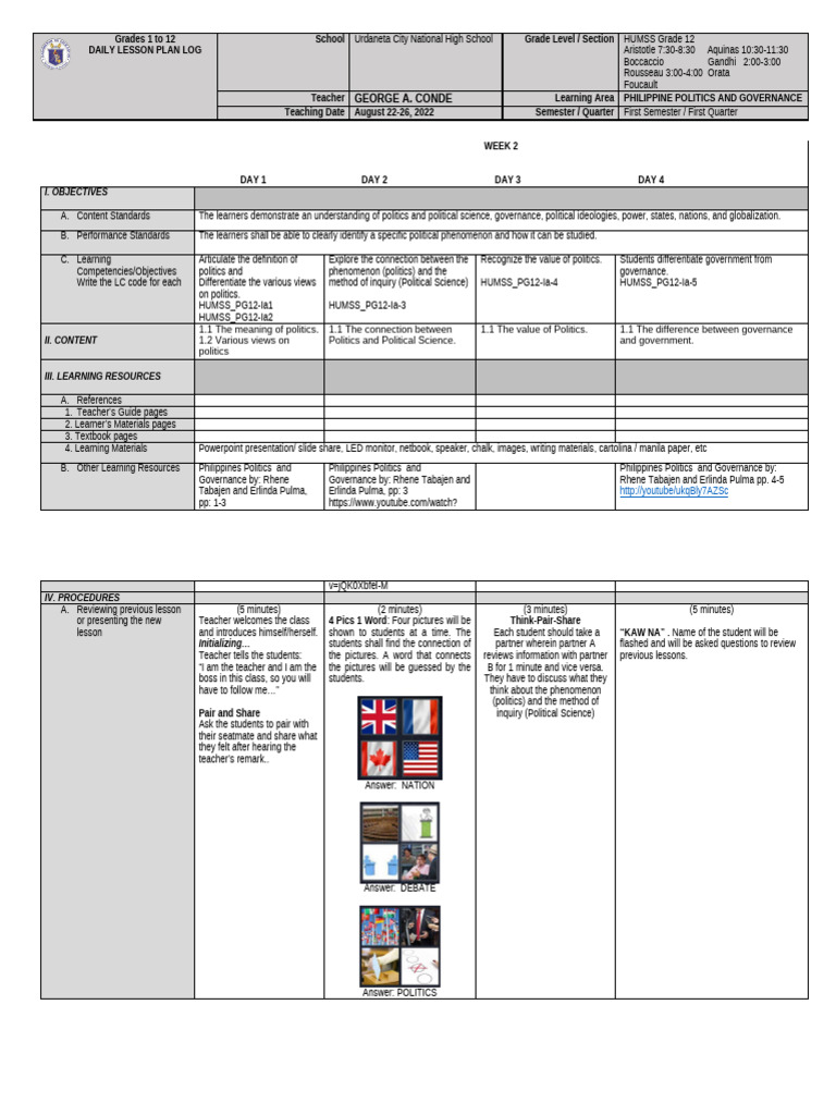 DLL PPG Q1 Week 1 The Concepts of Politics & Governance | PDF