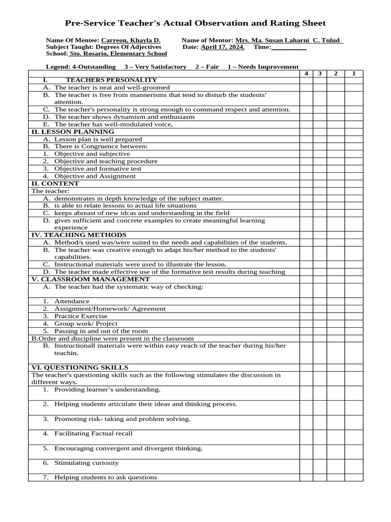 Pre-Service Teacher Observation Sheet | PDF | Teachers | Career & Growth