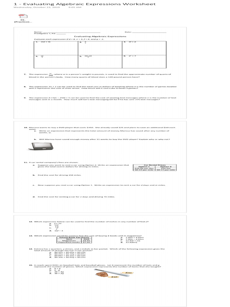 1 - Evaluating Algebraic Expressions Worksheet | PDF | Technology ...
