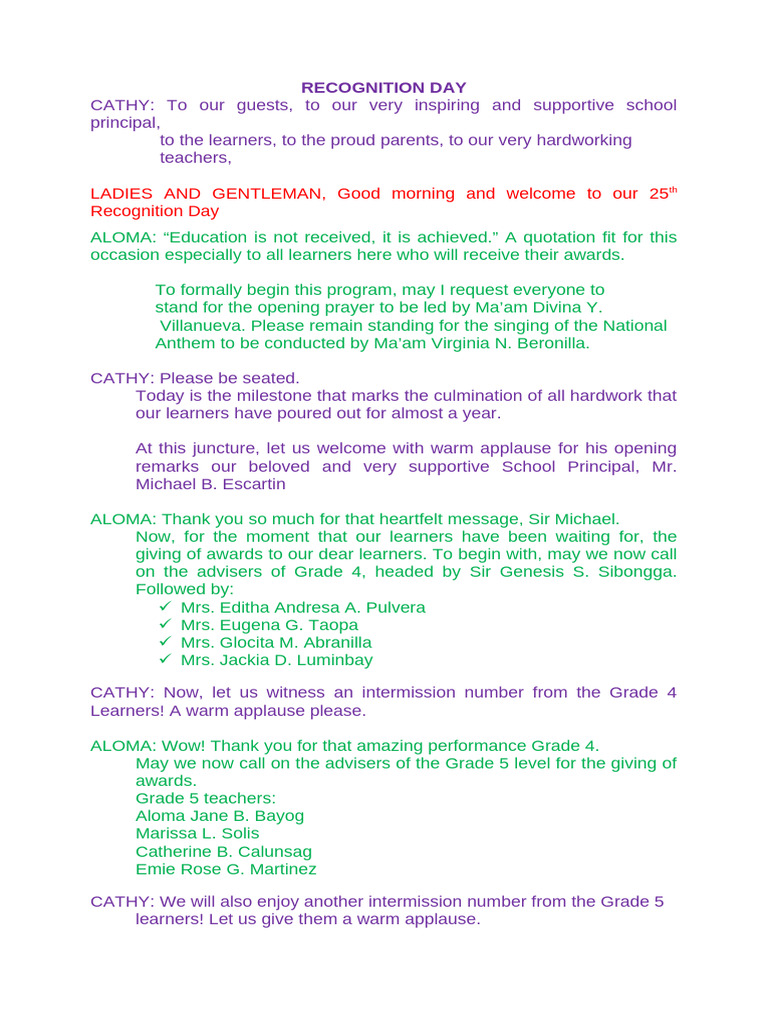 Recognition Day Script | PDF