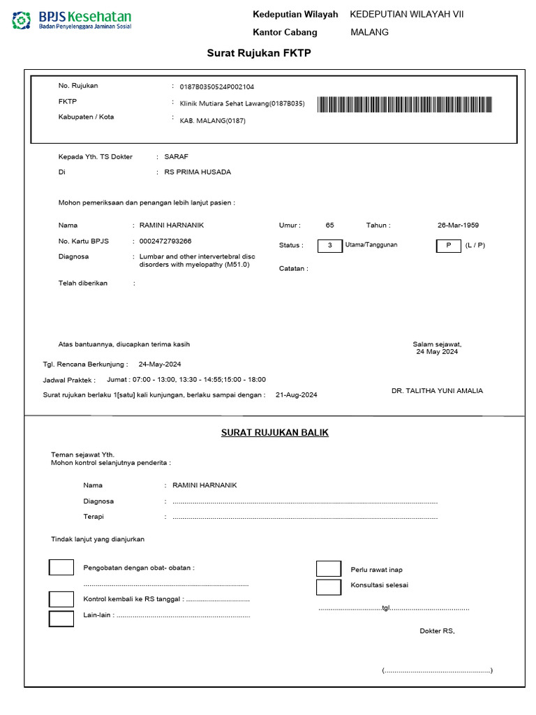 Surat Rujukan FKTP: 0187B0350524P002104 Klinik Mutiara Sehat Lawang ...
