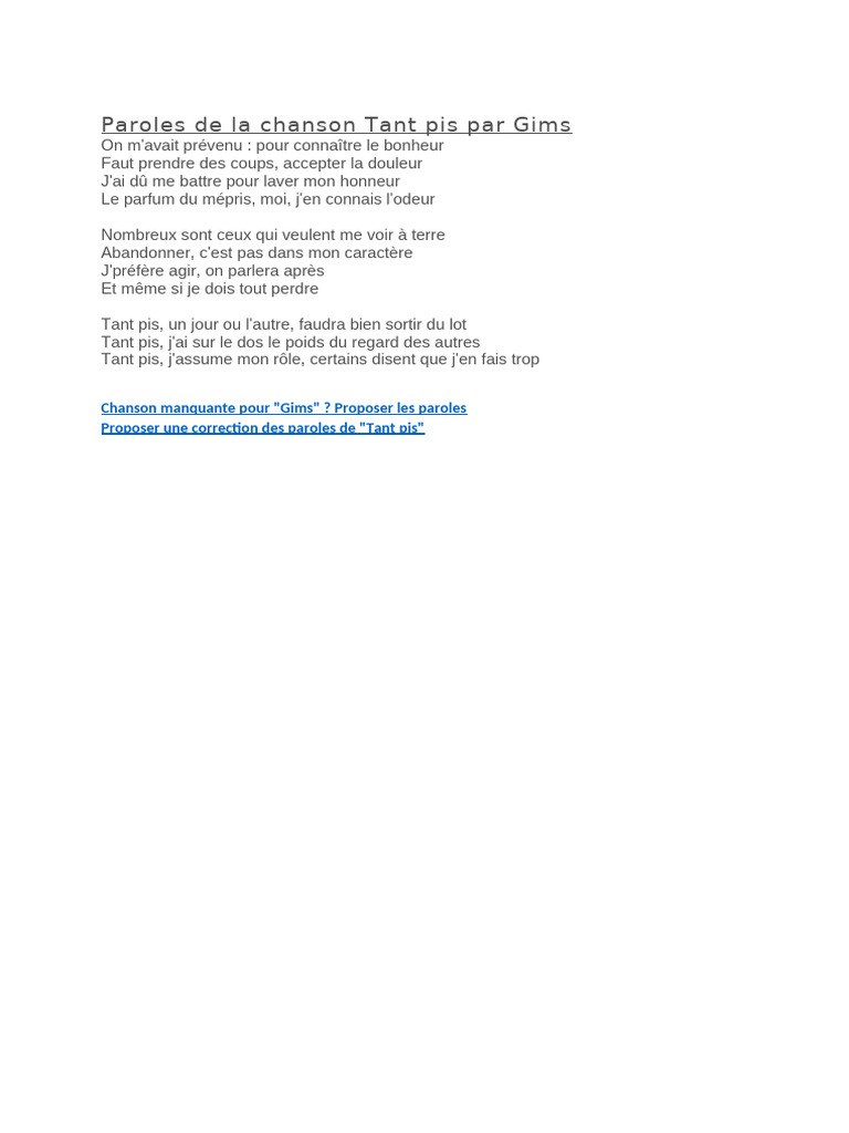 Paroles de La Chanson Tant Pis Par Gims | PDF