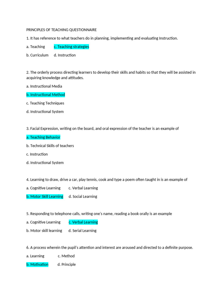 Principles of Teaching Questionnaire | PDF