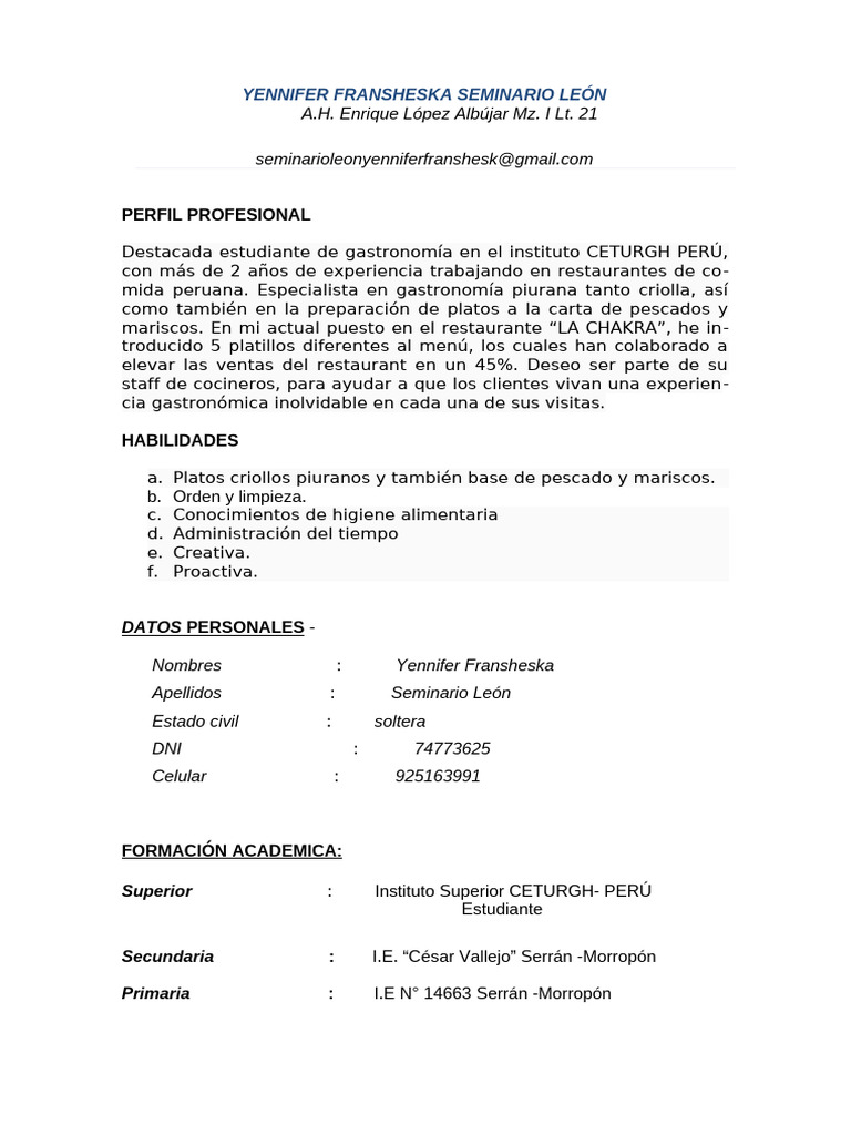 Curriculum Yenifer | PDF