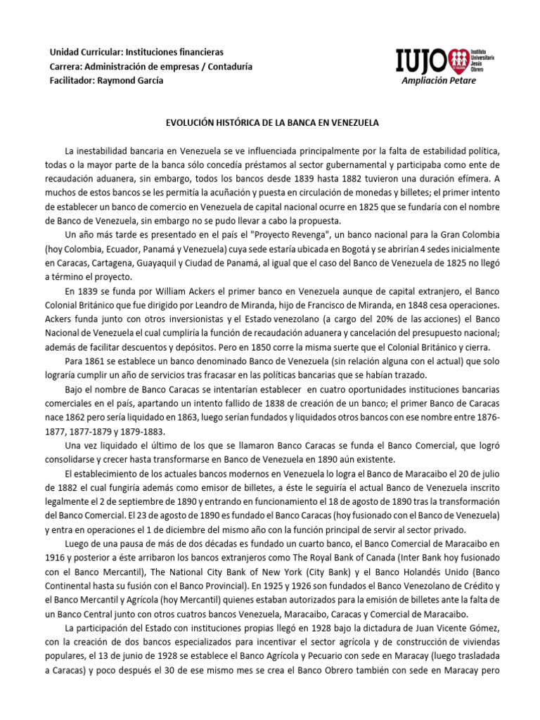Evolución Histórica de La Banca en Venezuela | PDF