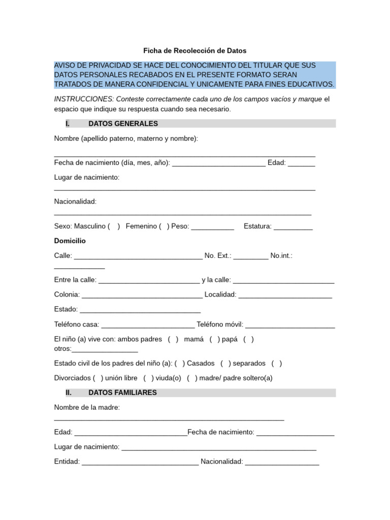 Ficha De Recolección De Datos Pdf