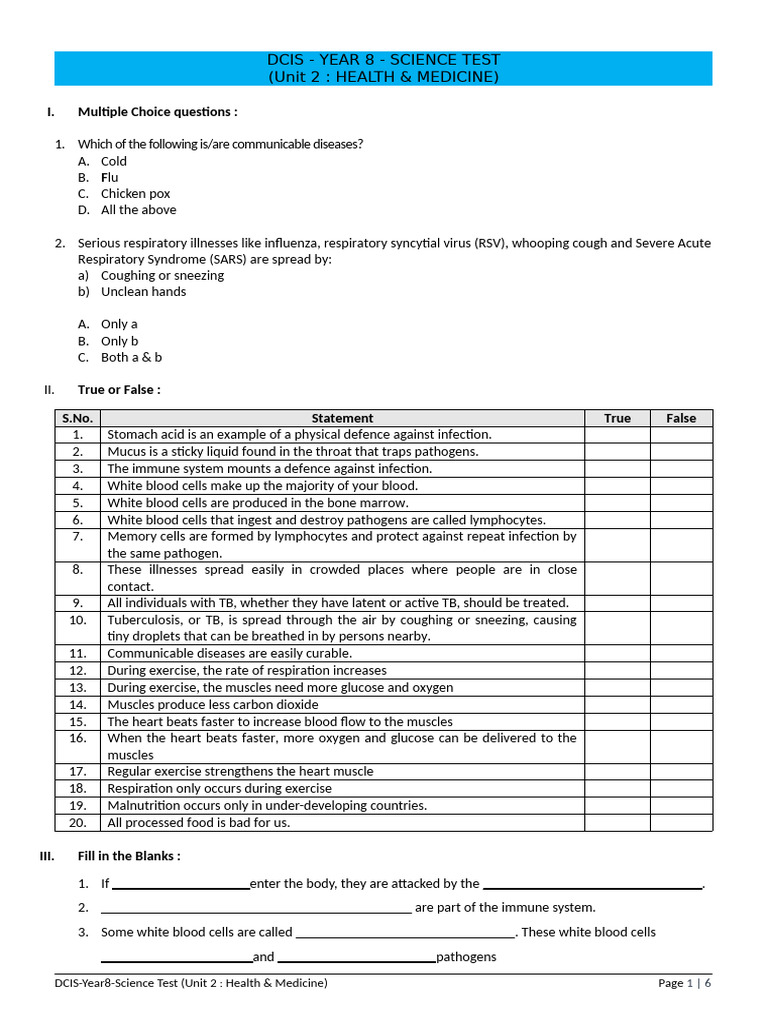 DCIS-Yr8-Science Test Paper Unit 2 - Health & Medicine | PDF