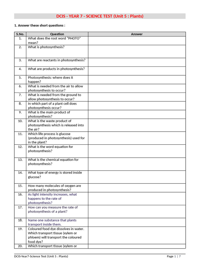 DCIS-Yr7-Science Test Paper (Unit 5 - Plants) | PDF