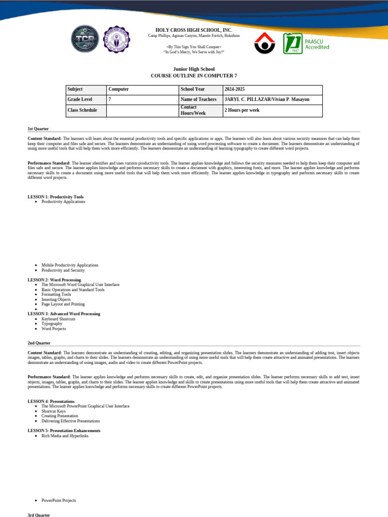 Course Outline Computer 7 1st Quarter-Fourth | PDF