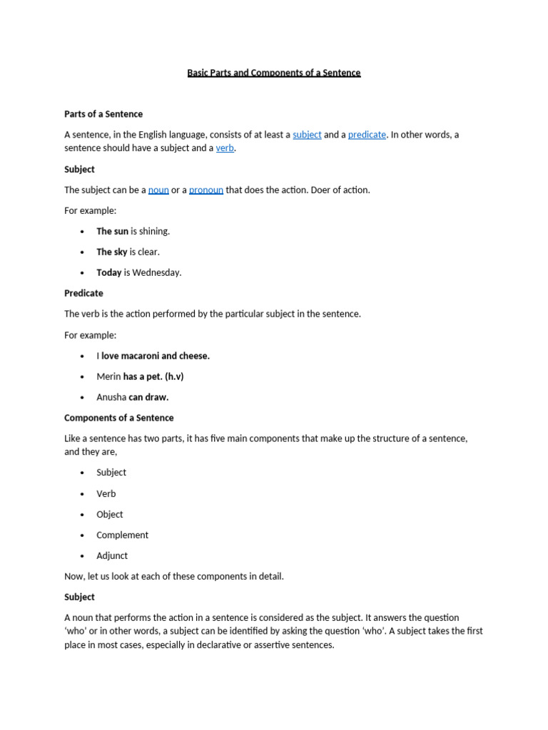 Basic Parts and Components of A Sentence | PDF