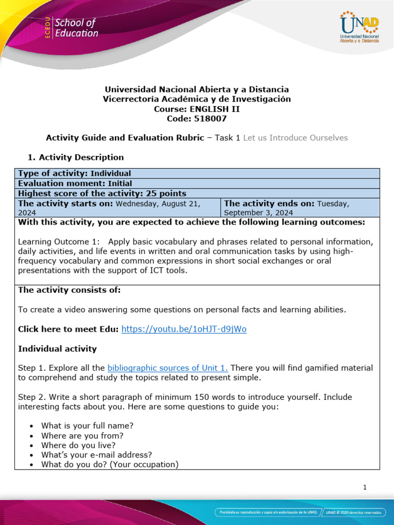 Activity Guide and Evaluation Rubric - Task 1 - Let Us Introduce ...