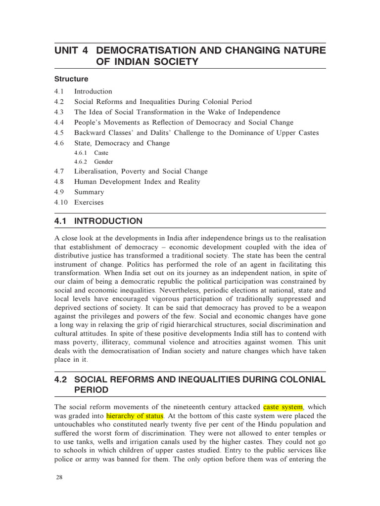 Unit-4 Democratisation and Changing Nature of Indian Society | PDF