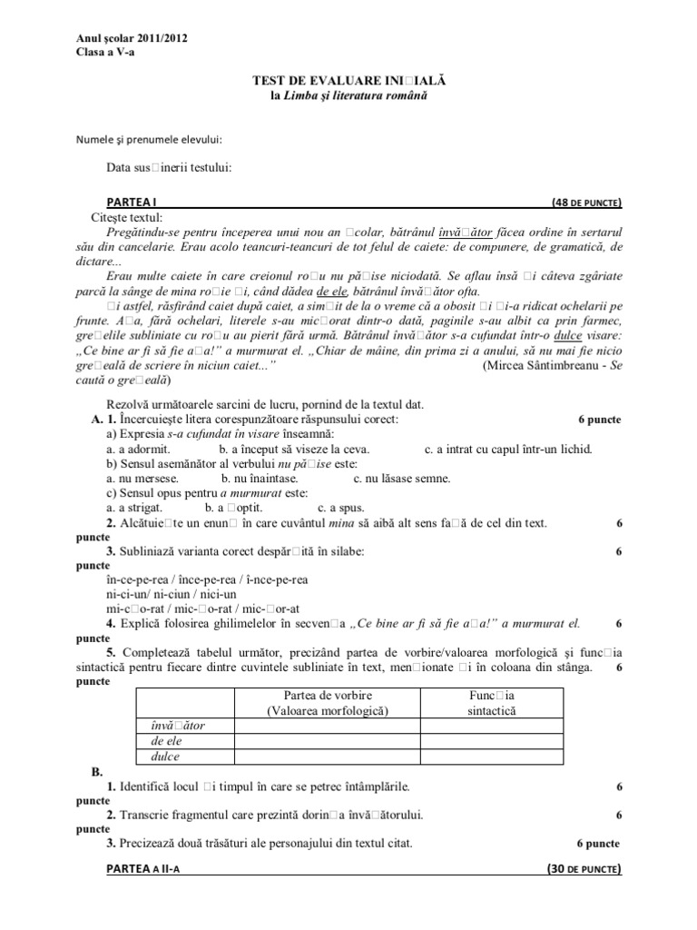 Test Initial 20112012 Romana Clasa A Va | PDF