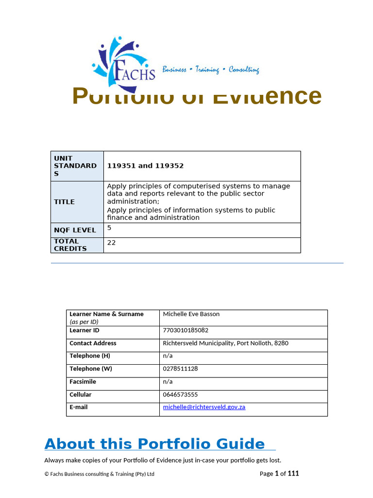Michelle Porfolio of Evidence - Guides - US 119351 and 119352 | PDF