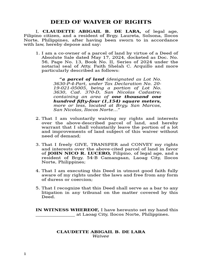 DEED OF WAIVER OF RIGHTS | PDF