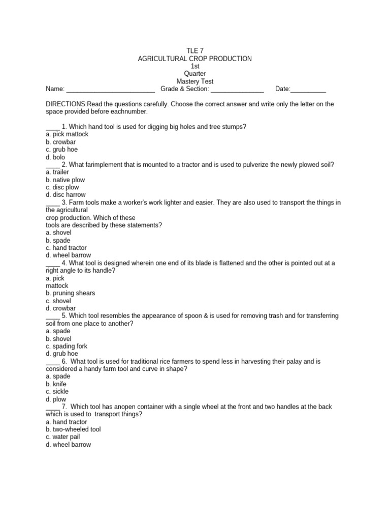 Tle 7 1st quarter mastery test pdf