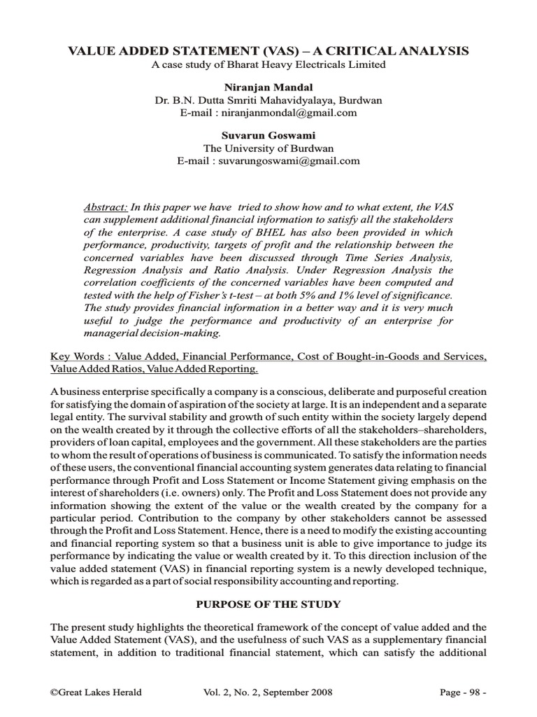 Value Added Statement - A Critical Analysis | PDF | Value Added | Revenue