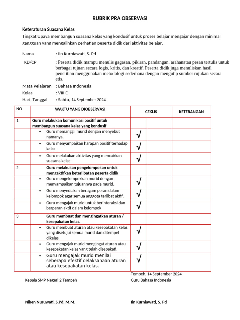 Rubrik Pra Observasi | PDF