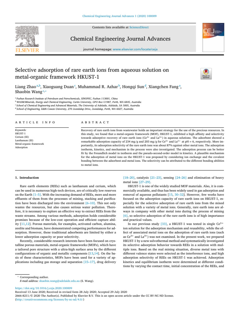 Selective Adsorption of Rare Earth Ions From Aqueou 2020 Chemical ...