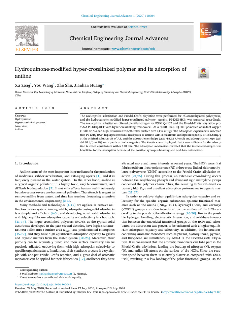 Hydroquinone Modified Hyper Crosslinked Polymer - 2020 - Chemical ...
